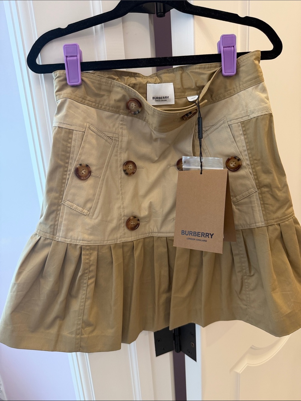 Burberry Khaki Pleated Cotton Mini Skirt with Button Detail